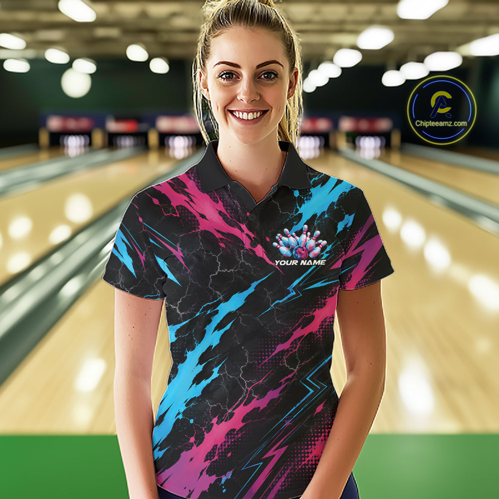 Custom Blue And Pink Lightning Bowling Women Polo Shirt, Bowling Team League Shirt IPHW12041