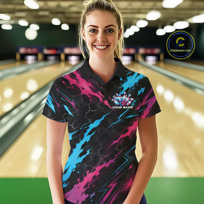 Custom Blue And Pink Lightning Bowling Women Polo Shirt, Bowling Team League Shirt IPHW12041