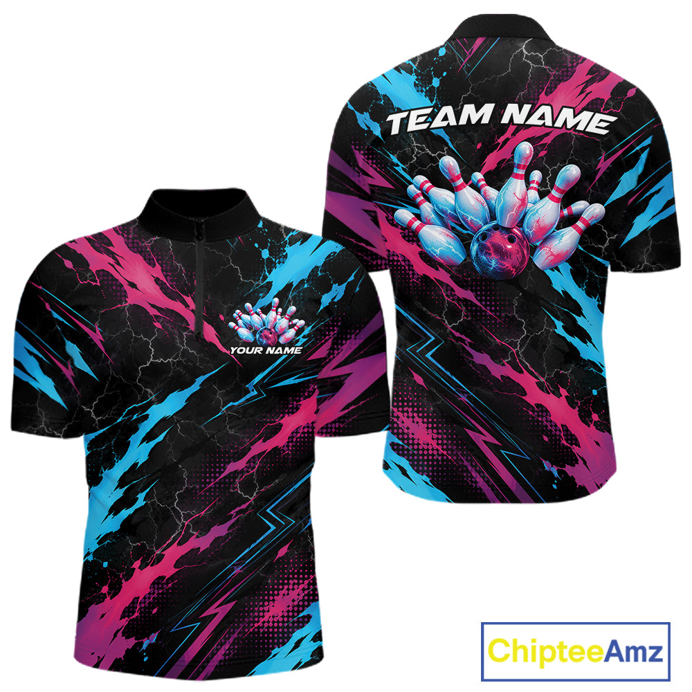 Custom Blue And Pink Lightning Bowling Men Quarter Zip Shirt, Bowling Team League Shirt IPHW12041