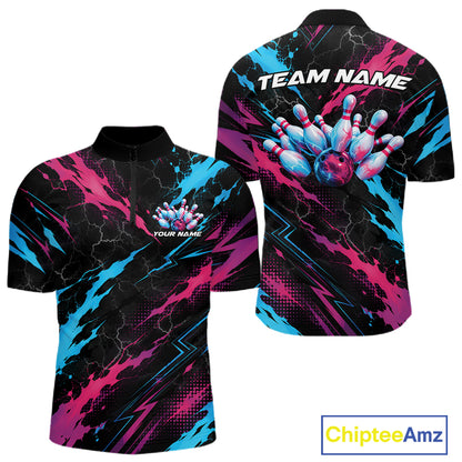 Custom Blue And Pink Lightning Bowling Men Quarter Zip Shirt, Bowling Team League Shirt IPHW12041