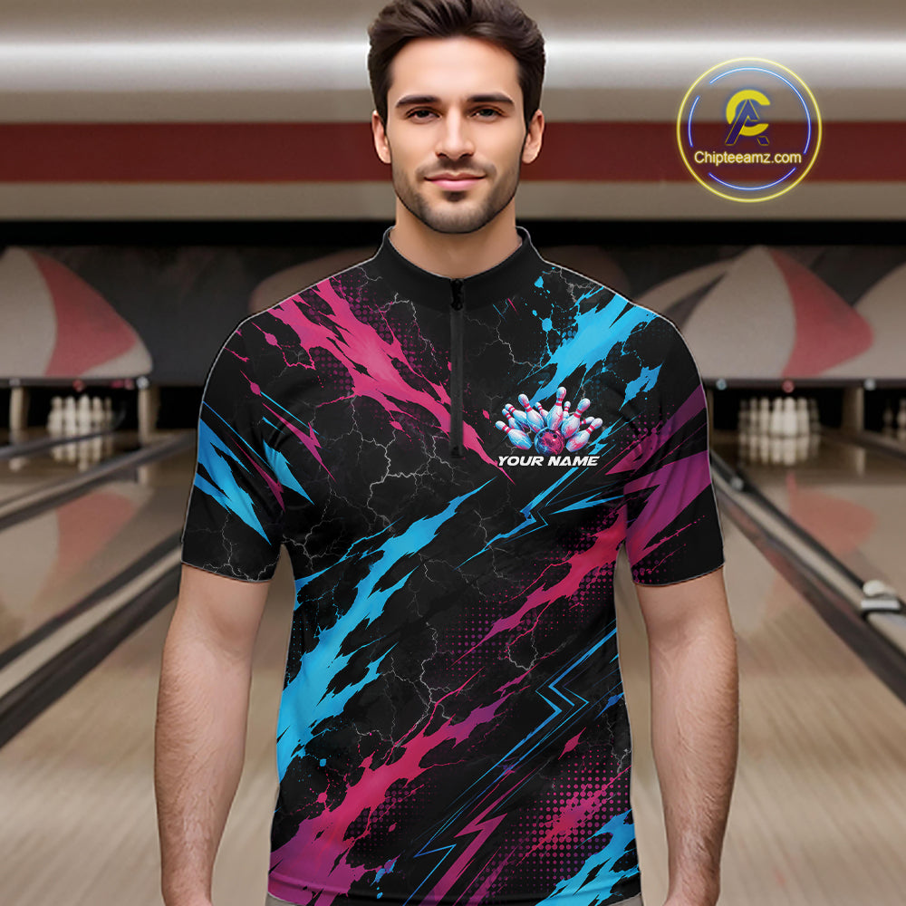 Custom Blue And Pink Lightning Bowling Men Quarter Zip Shirt, Bowling Team League Shirt IPHW12041