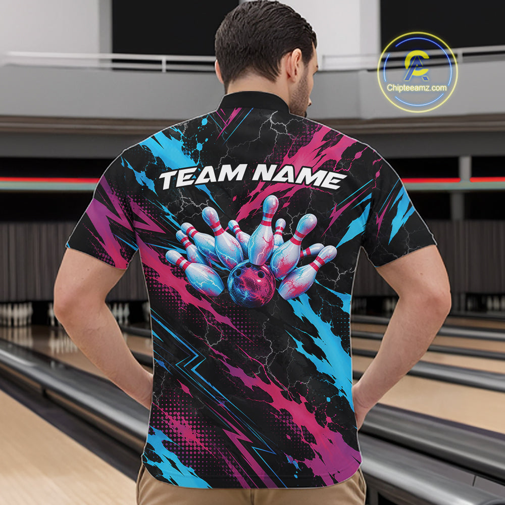 Custom Blue And Pink Lightning Bowling Men Quarter Zip Shirt, Bowling Team League Shirt IPHW12041