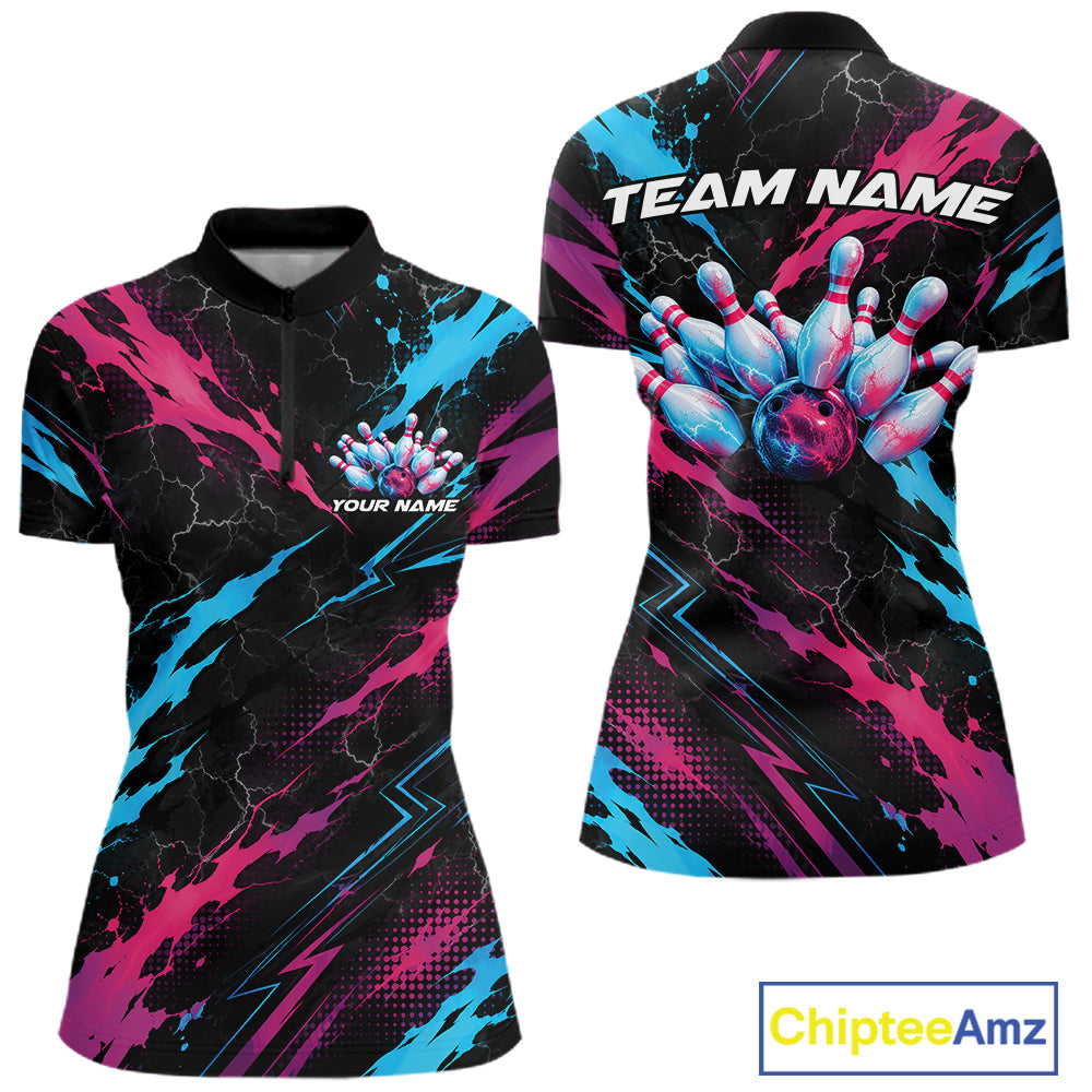 Custom Blue And Pink Lightning Bowling Women Quarter-Zip Shirt, Bowling League Shirt IPHW12041