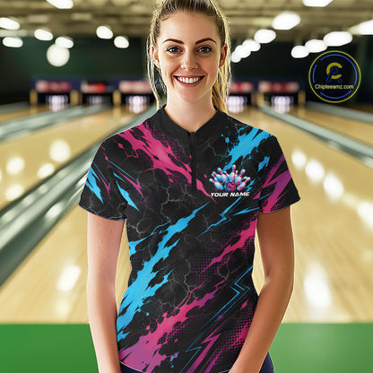 Custom Blue And Pink Lightning Bowling Women Quarter-Zip Shirt, Bowling League Shirt IPHW12041