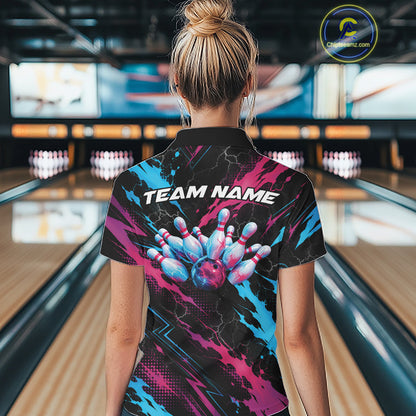 Custom Blue And Pink Lightning Bowling Women Quarter-Zip Shirt, Bowling League Shirt IPHW12041