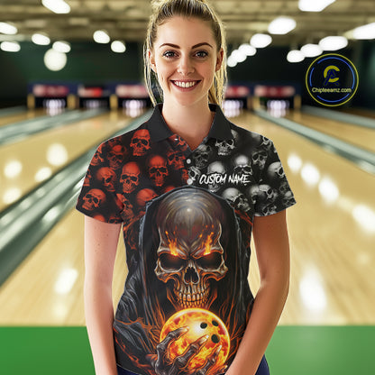 Custom Skull Bowling Womens Polo Shirts Bowling League Team Jerseys Halloween Outfits IPHW5346
