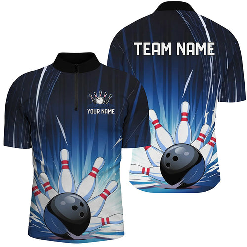 Black And Blue Custom Bowling Team Shirts For Men, Striking Bowling Jerseys IPHW7625