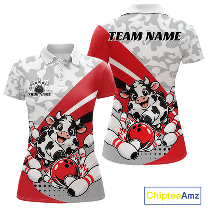 Custom White And Red Cute Funny Chubby Cow Bowling Women Polo Team Shirt IPHW12813