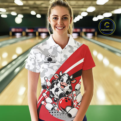 Custom White And Red Cute Funny Chubby Cow Bowling Women Polo Team Shirt IPHW12813