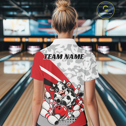 Custom White And Red Cute Funny Chubby Cow Bowling Women Polo Team Shirt IPHW12813
