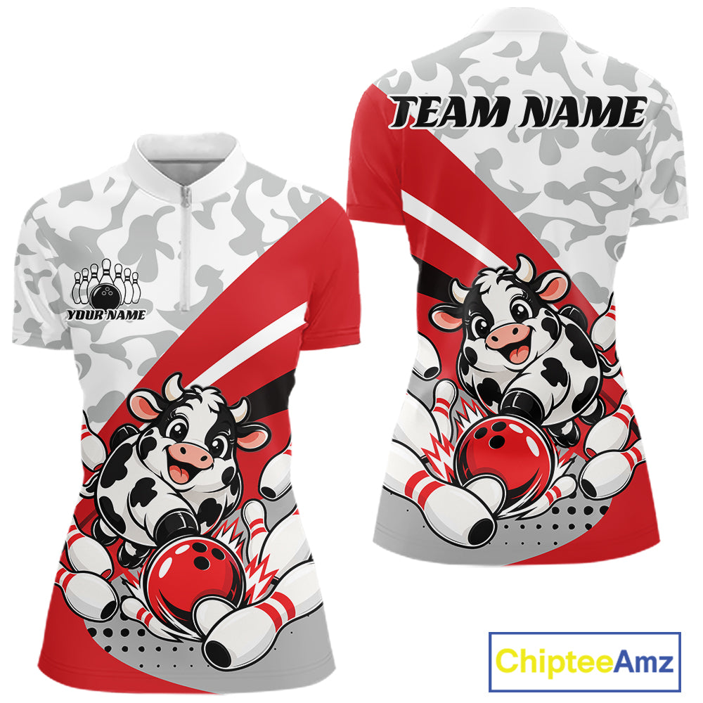 Custom White And Red Cute Funny Chubby Cow Bowling Women Quarter-Zip Team Shirt IPHW12813