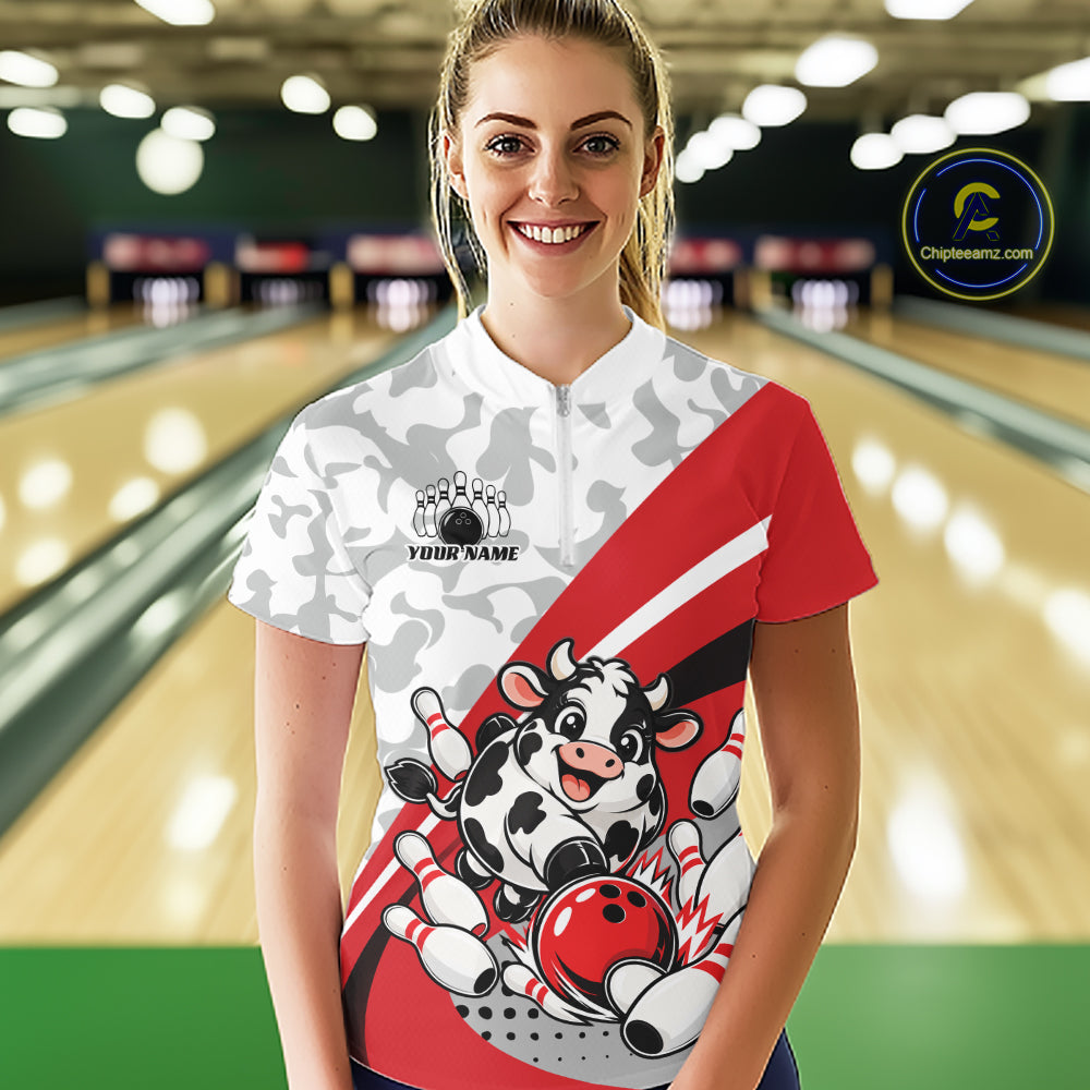 Custom White And Red Cute Funny Chubby Cow Bowling Women Quarter-Zip Team Shirt IPHW12813