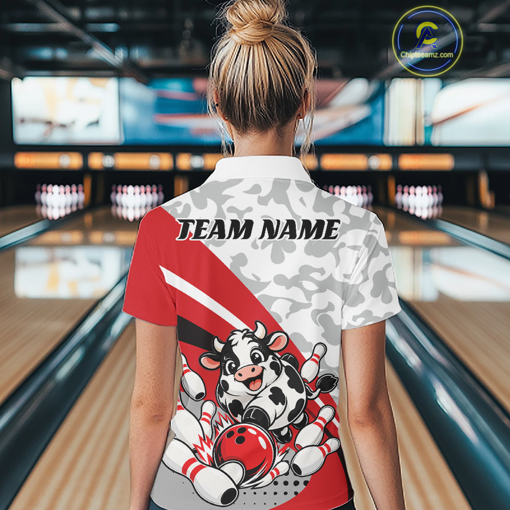Custom White And Red Cute Funny Chubby Cow Bowling Women Quarter-Zip Team Shirt IPHW12813