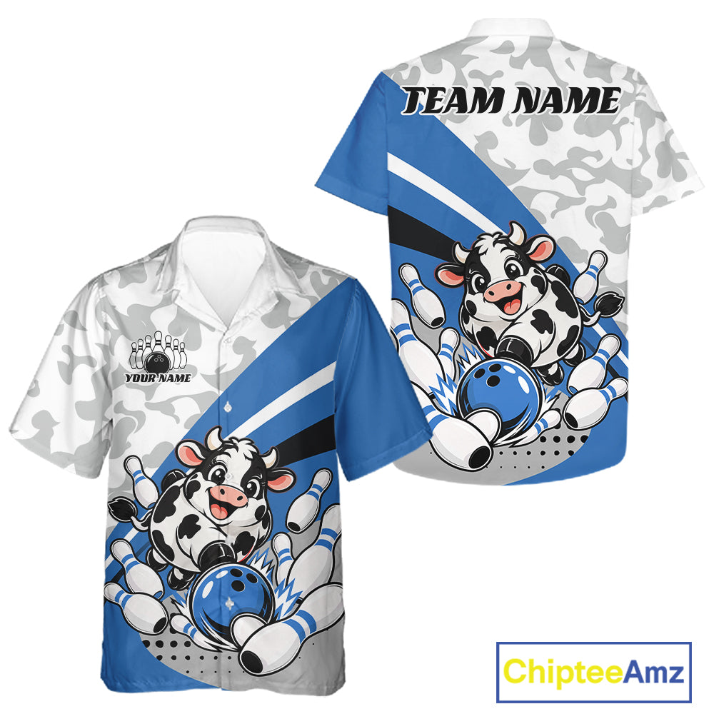 Custom White And Blue Cute Funny Chubby Cow Bowling Men And Women Button Up Team Shirt IPHW12814