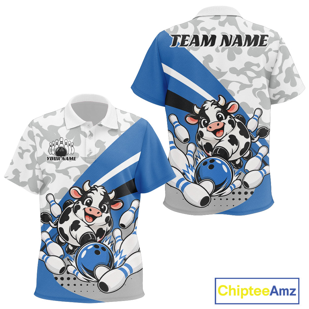 Custom White And Blue Cute Funny Chubby Cow Bowling Kid Polo Team Shirt IPHW12814
