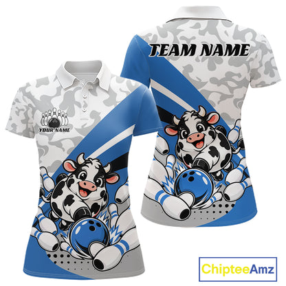 Custom White And Blue Cute Funny Chubby Cow Bowling Women Polo Team Shirt IPHW12814