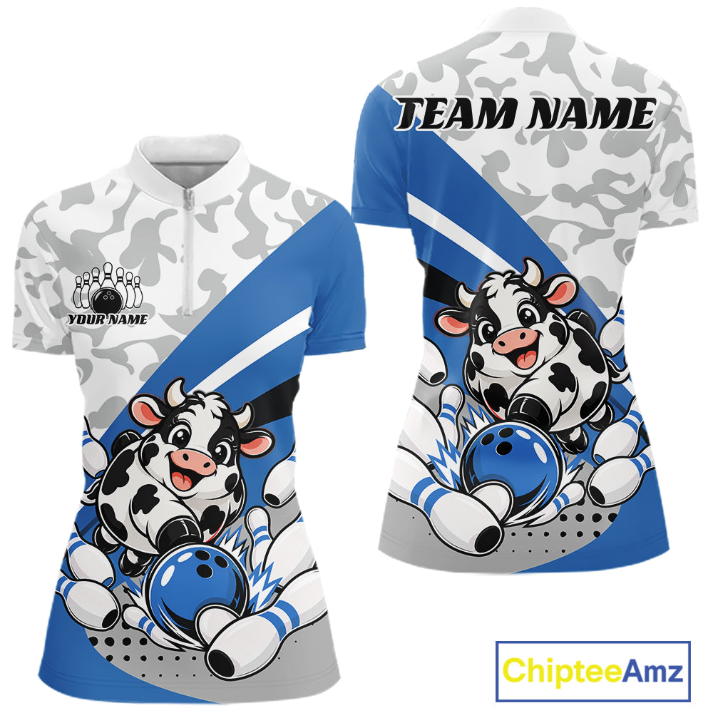 Custom White And Blue Cute Funny Chubby Cow Bowling Women Quarter-Zip Team Shirt IPHW12814