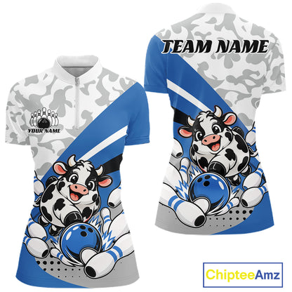 Custom White And Blue Cute Funny Chubby Cow Bowling Women Quarter-Zip Team Shirt IPHW12814