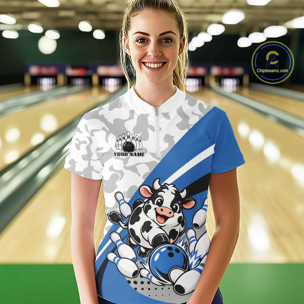 Custom White And Blue Cute Funny Chubby Cow Bowling Women Quarter-Zip Team Shirt IPHW12814