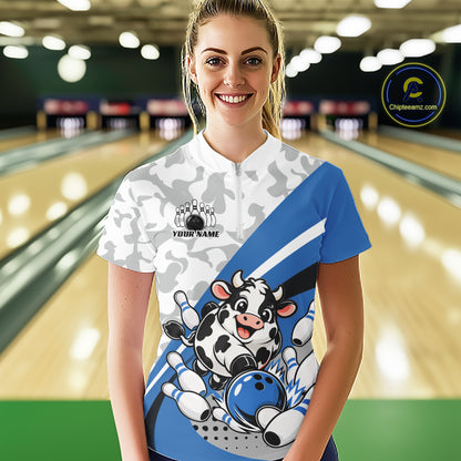 Custom White And Blue Cute Funny Chubby Cow Bowling Women Quarter-Zip Team Shirt IPHW12814