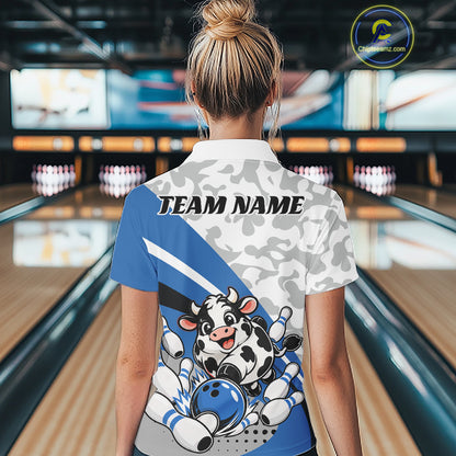 Custom White And Blue Cute Funny Chubby Cow Bowling Women Quarter-Zip Team Shirt IPHW12814