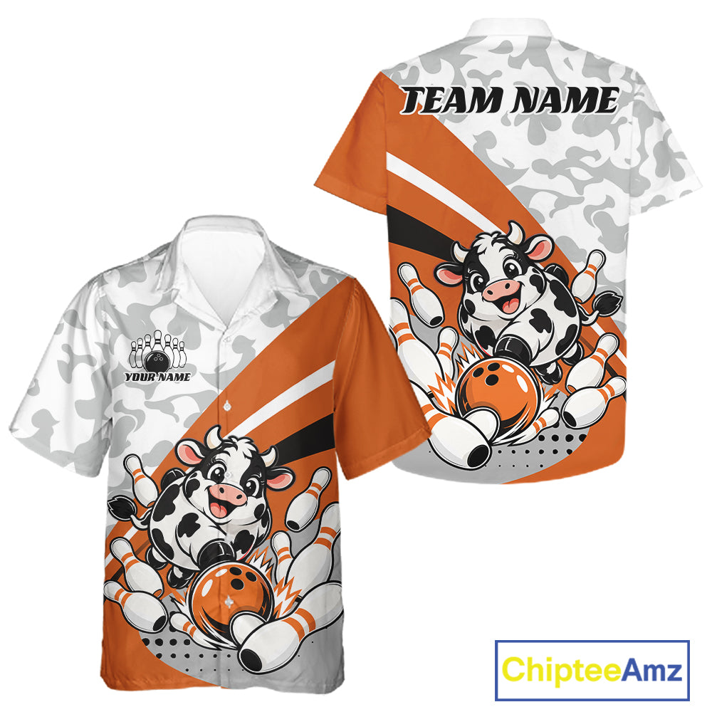 Custom White And Orange Cute Funny Chubby Cow Bowling Men And Women Button Up Team Shirt IPHW12815