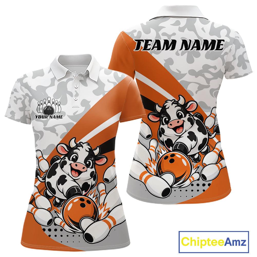 Custom White And Orange Cute Funny Chubby Cow Bowling Women Polo Team Shirt IPHW12815