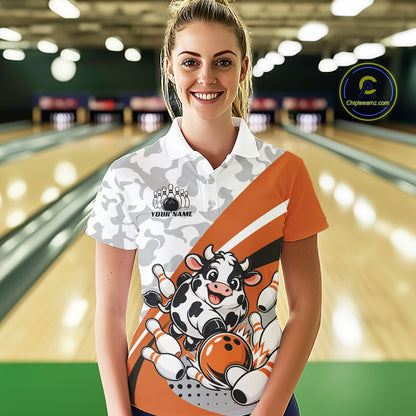 Custom White And Orange Cute Funny Chubby Cow Bowling Women Polo Team Shirt IPHW12815