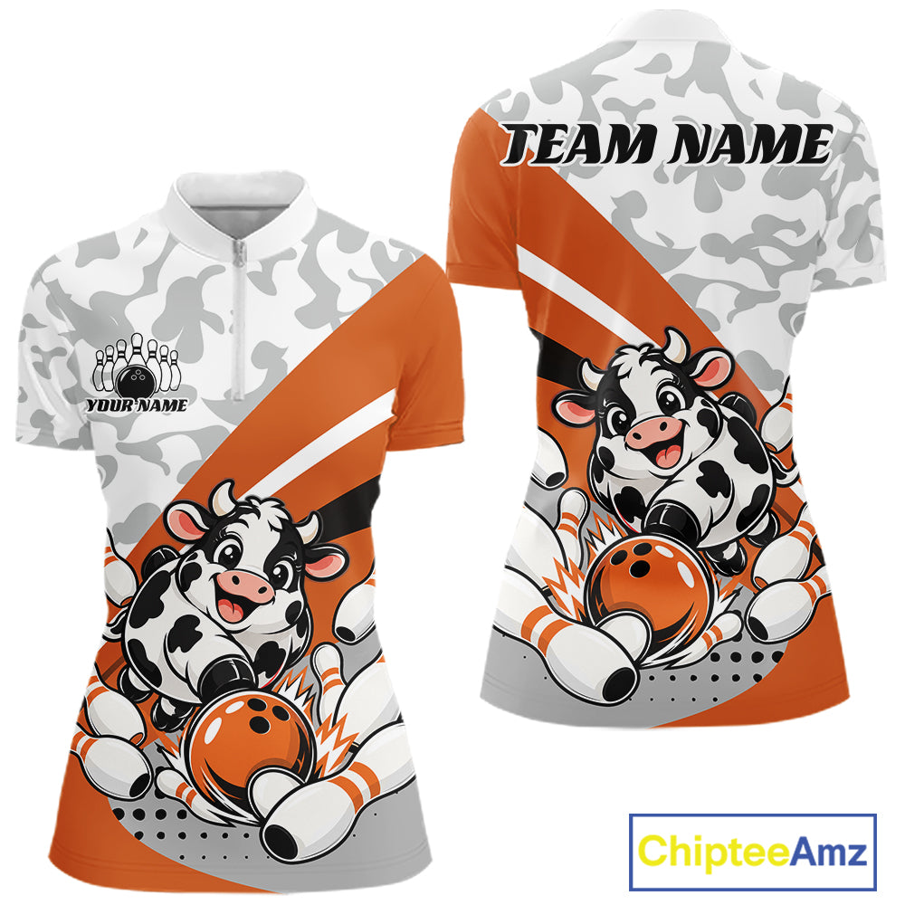 Custom White And Orange Cute Funny Chubby Cow Bowling Women Quarter-Zip Team Shirt IPHW12815