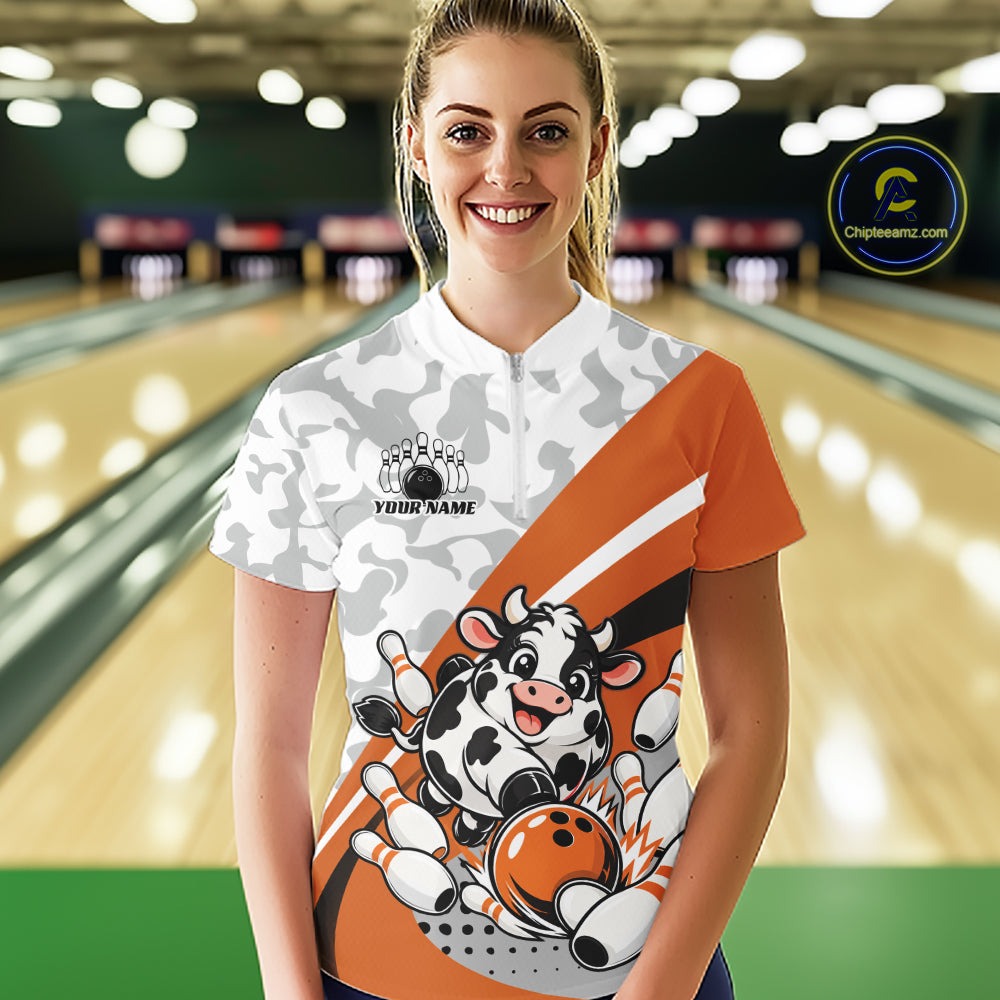 Custom White And Orange Cute Funny Chubby Cow Bowling Women Quarter-Zip Team Shirt IPHW12815