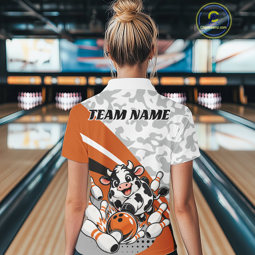 Custom White And Orange Cute Funny Chubby Cow Bowling Women Quarter-Zip Team Shirt IPHW12815