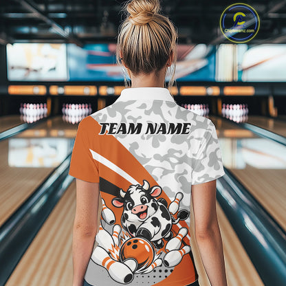 Custom White And Orange Cute Funny Chubby Cow Bowling Women Quarter-Zip Team Shirt IPHW12815