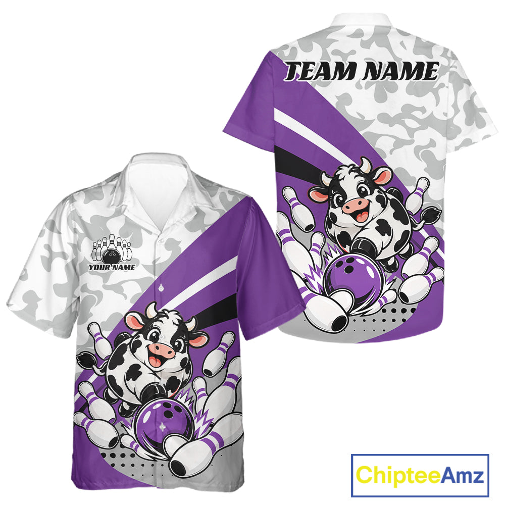 Custom White And Purple Cute Funny Chubby Cow Bowling Men And Women Button Up Team Shirt IPHW12816