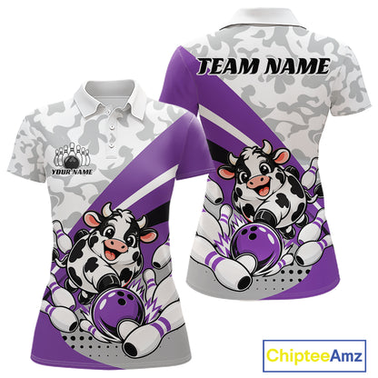 Custom White And Purple Cute Funny Chubby Cow Bowling Women Polo Team Shirt IPHW12816