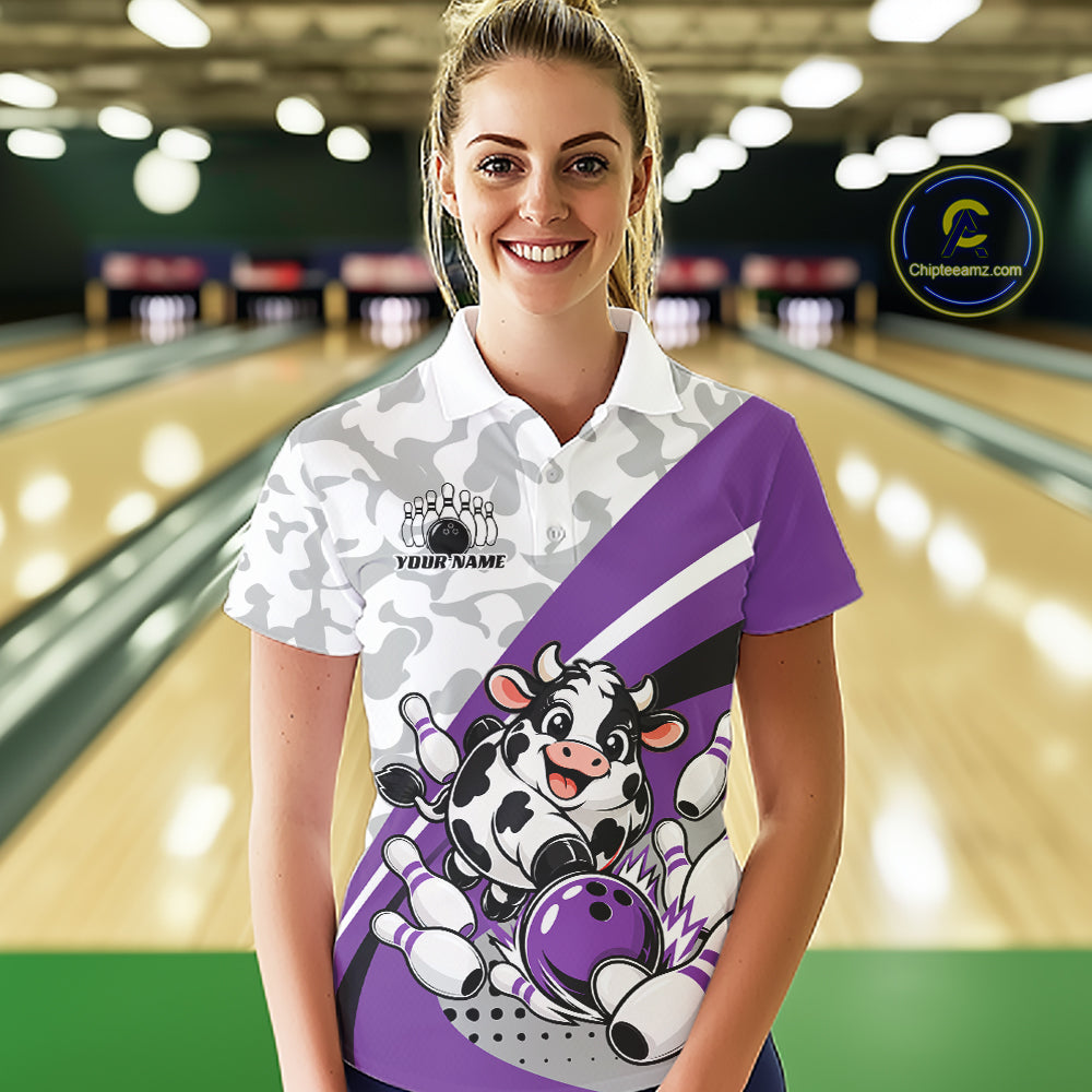 Custom White And Purple Cute Funny Chubby Cow Bowling Women Polo Team Shirt IPHW12816