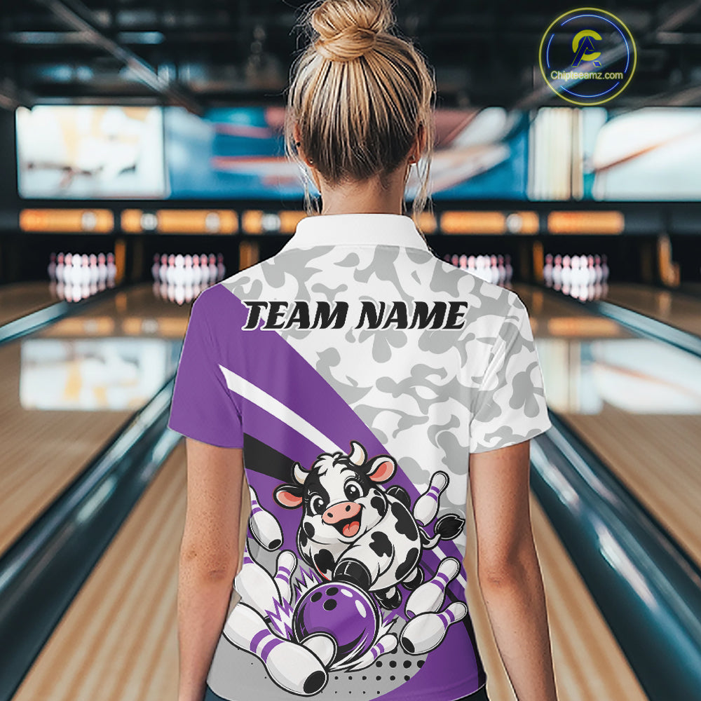 Custom White And Purple Cute Funny Chubby Cow Bowling Women Polo Team Shirt IPHW12816
