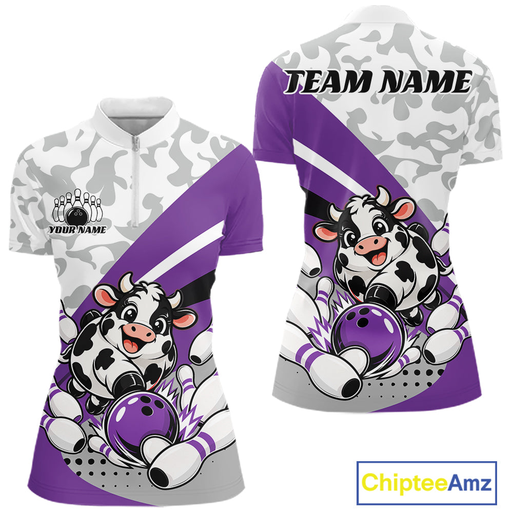 Custom White And Purple Cute Funny Chubby Cow Bowling Women Quarter-Zip Team Shirt IPHW12816