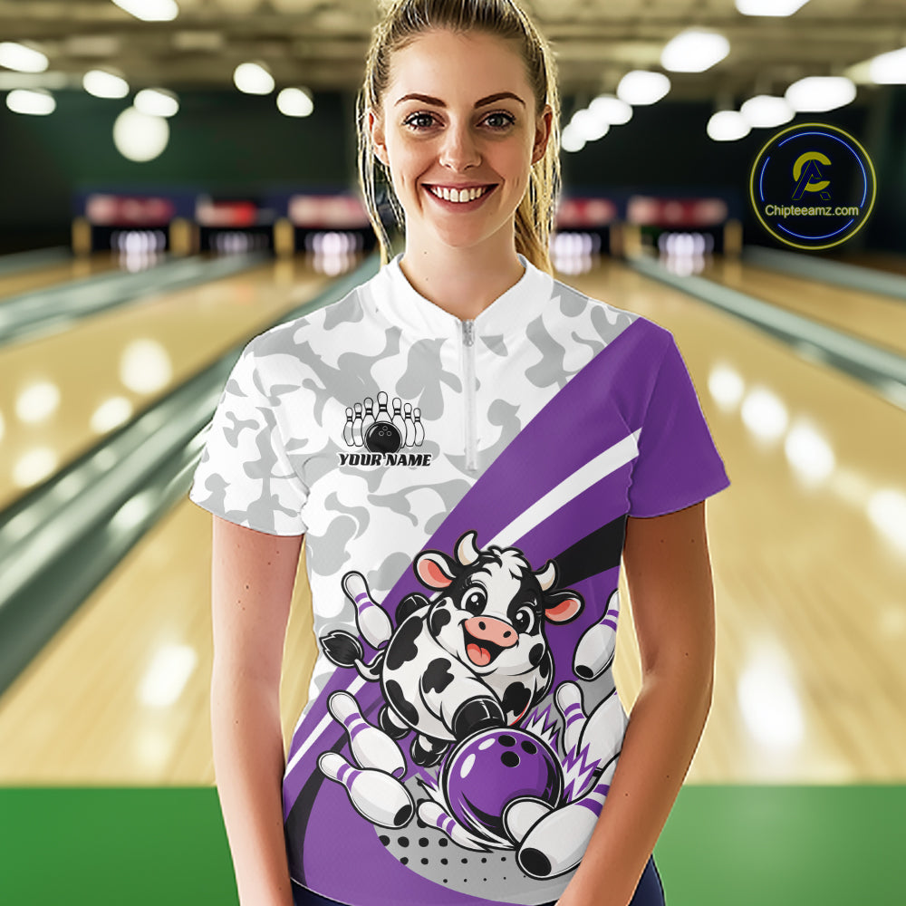Custom White And Purple Cute Funny Chubby Cow Bowling Women Quarter-Zip Team Shirt IPHW12816