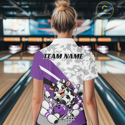 Custom White And Purple Cute Funny Chubby Cow Bowling Women Quarter-Zip Team Shirt IPHW12816
