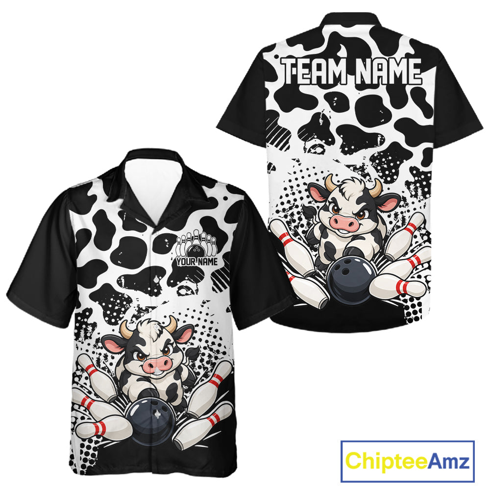 Custom Black And White Cute Funny Cow Men And Women Button Up Bowling Team Shirt Bowler Outfit IPHW12817
