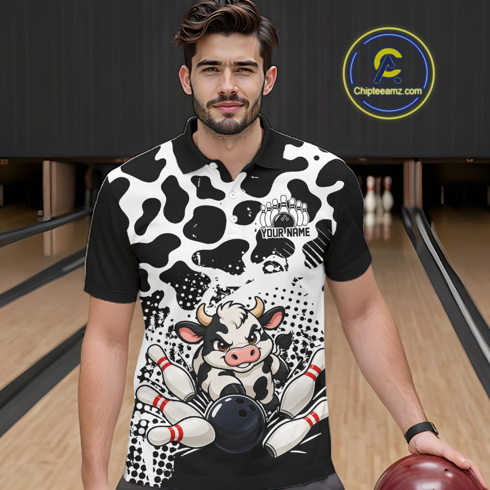 Custom Black And White Cute Funny Cow Men Polo Bowling Team Shirt Bowler Outfit IPHW12817