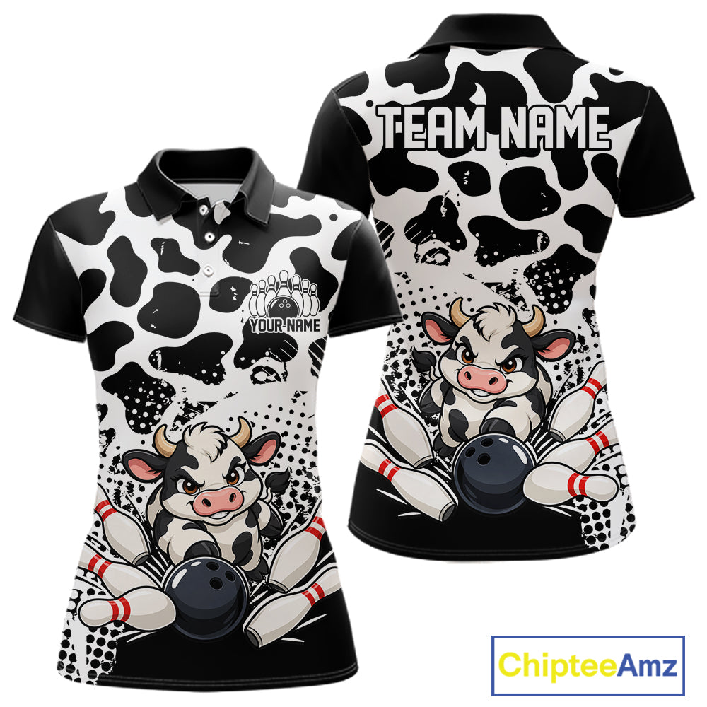 Custom Black And White Cute Funny Cow Women Polo Bowling Team Shirt Bowler Outfit IPHW12817