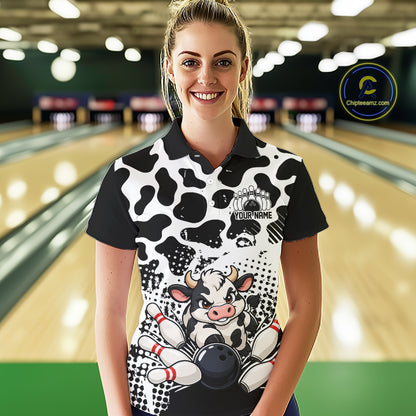 Custom Black And White Cute Funny Cow Women Polo Bowling Team Shirt Bowler Outfit IPHW12817