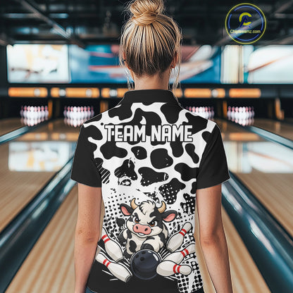 Custom Black And White Cute Funny Cow Women Polo Bowling Team Shirt Bowler Outfit IPHW12817