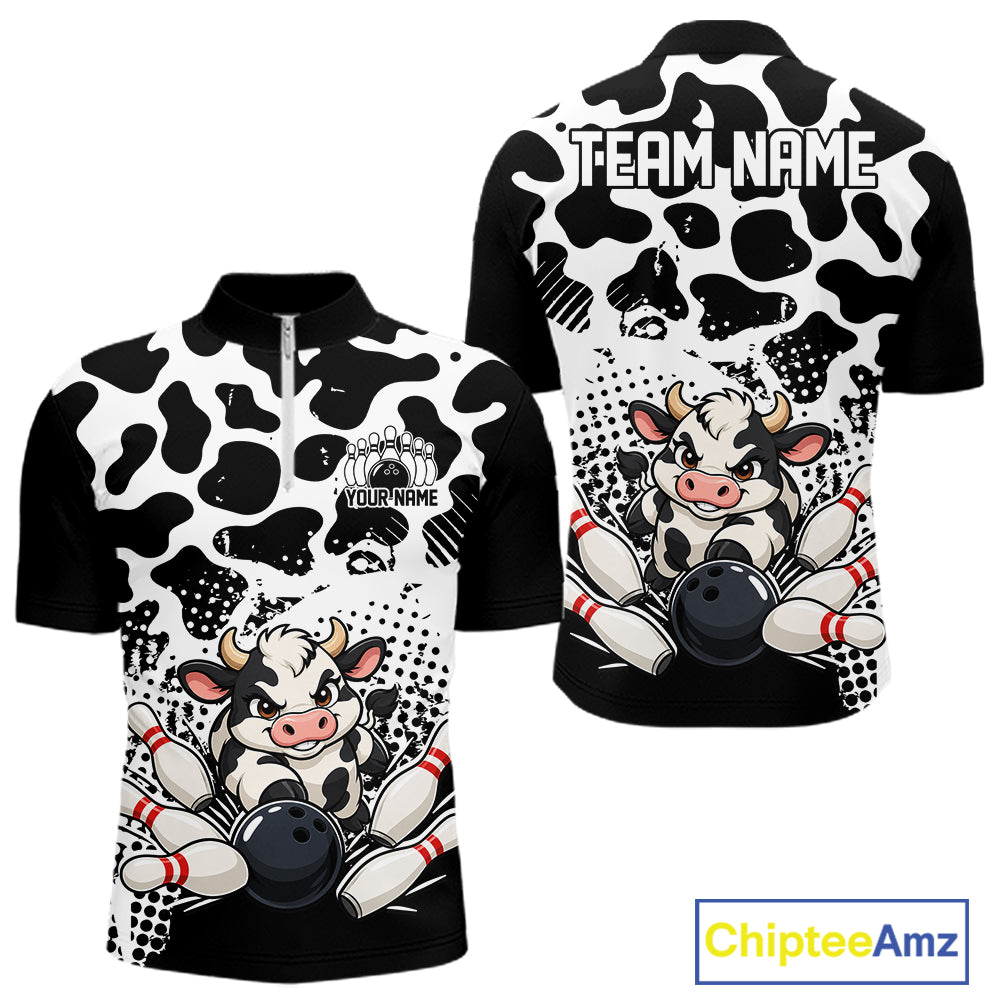 Custom Black And White Cute Funny Cow Men Quarter Zip Bowling Team Shirt Bowler Outfit IPHW12817