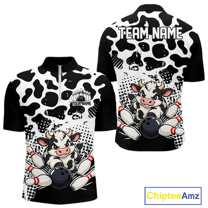 Custom Black And White Cute Funny Cow Men Quarter Zip Bowling Team Shirt Bowler Outfit IPHW12817