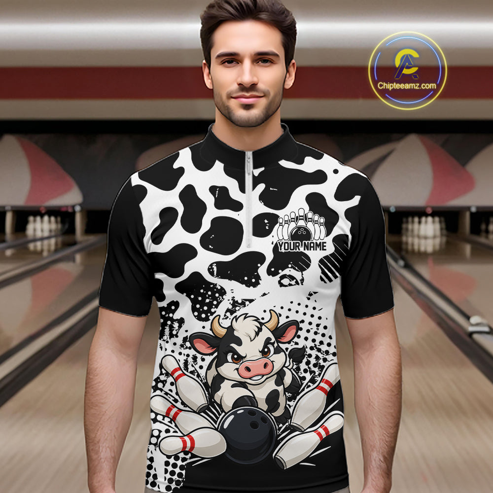 Custom Black And White Cute Funny Cow Men Quarter Zip Bowling Team Shirt Bowler Outfit IPHW12817