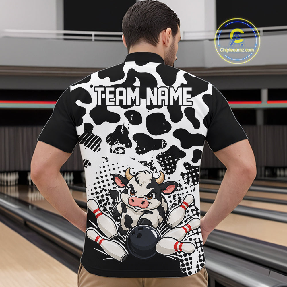 Custom Black And White Cute Funny Cow Men Quarter Zip Bowling Team Shirt Bowler Outfit IPHW12817