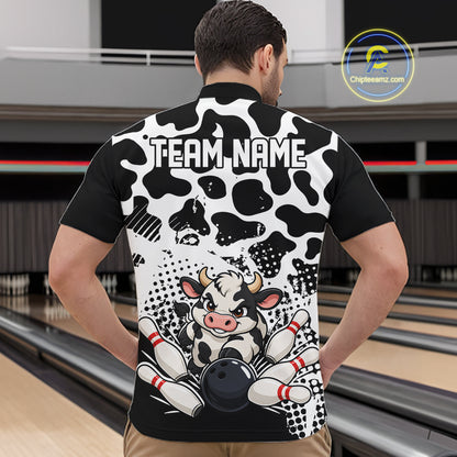 Custom Black And White Cute Funny Cow Men Quarter Zip Bowling Team Shirt Bowler Outfit IPHW12817