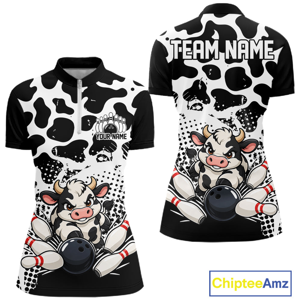 Custom Black And White Cute Funny Cow Women Quarter-Zip Bowling Team Shirt Bowler Outfit IPHW12817